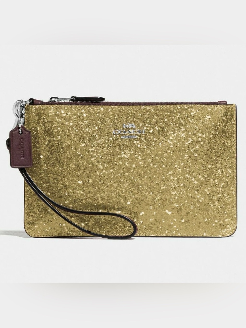 Coach Gold Glitter Wristlet with Leather Strap